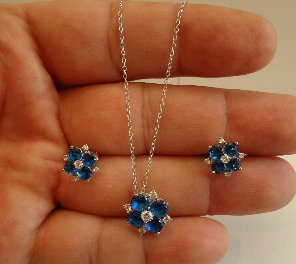 FLOWER DESIGN EARRING & NECKLACE PENDANT SET W/ LAB ACCENTS & TANZANITE/ 18”