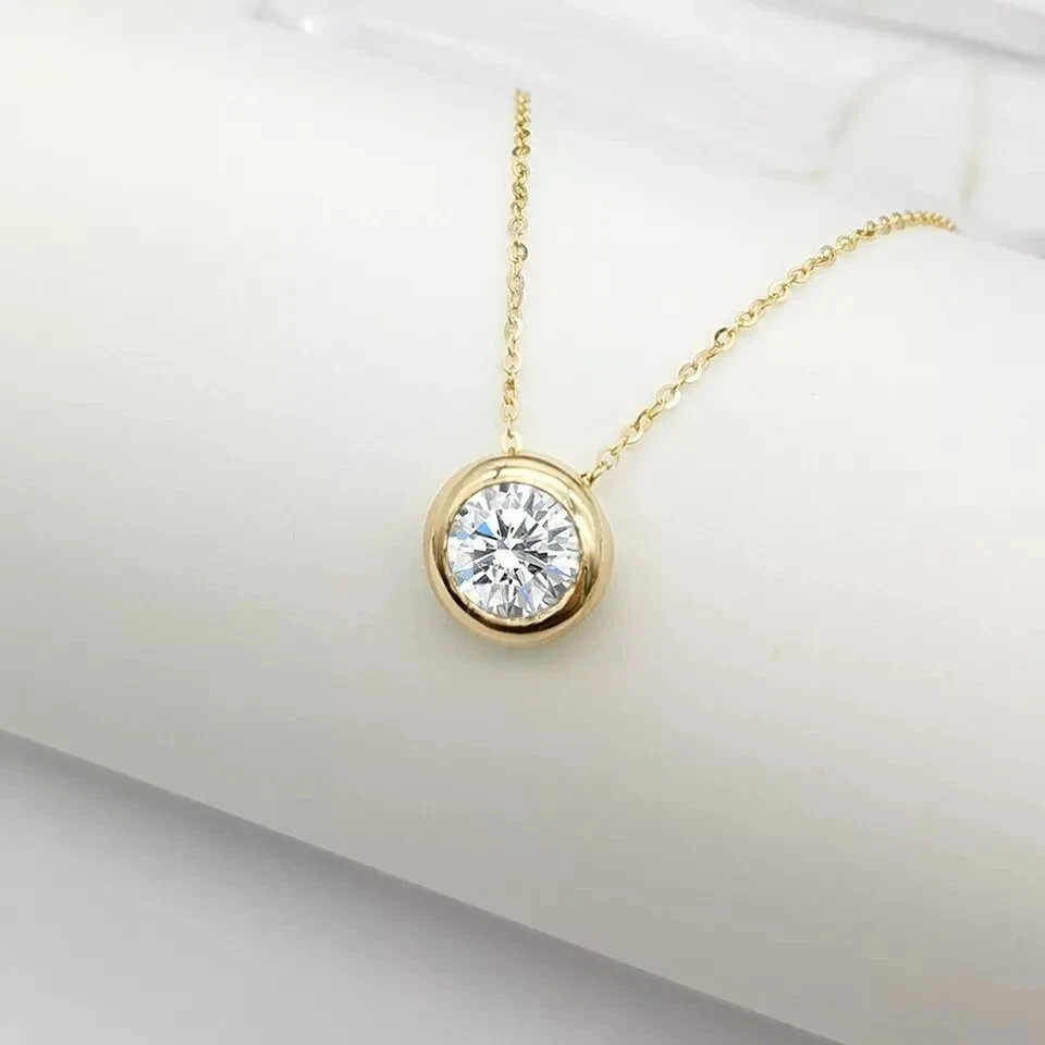 2Ct Real Moissanite Bezel Set Solitaire Pendant 18″Chain 14K Yellow Gold Plated