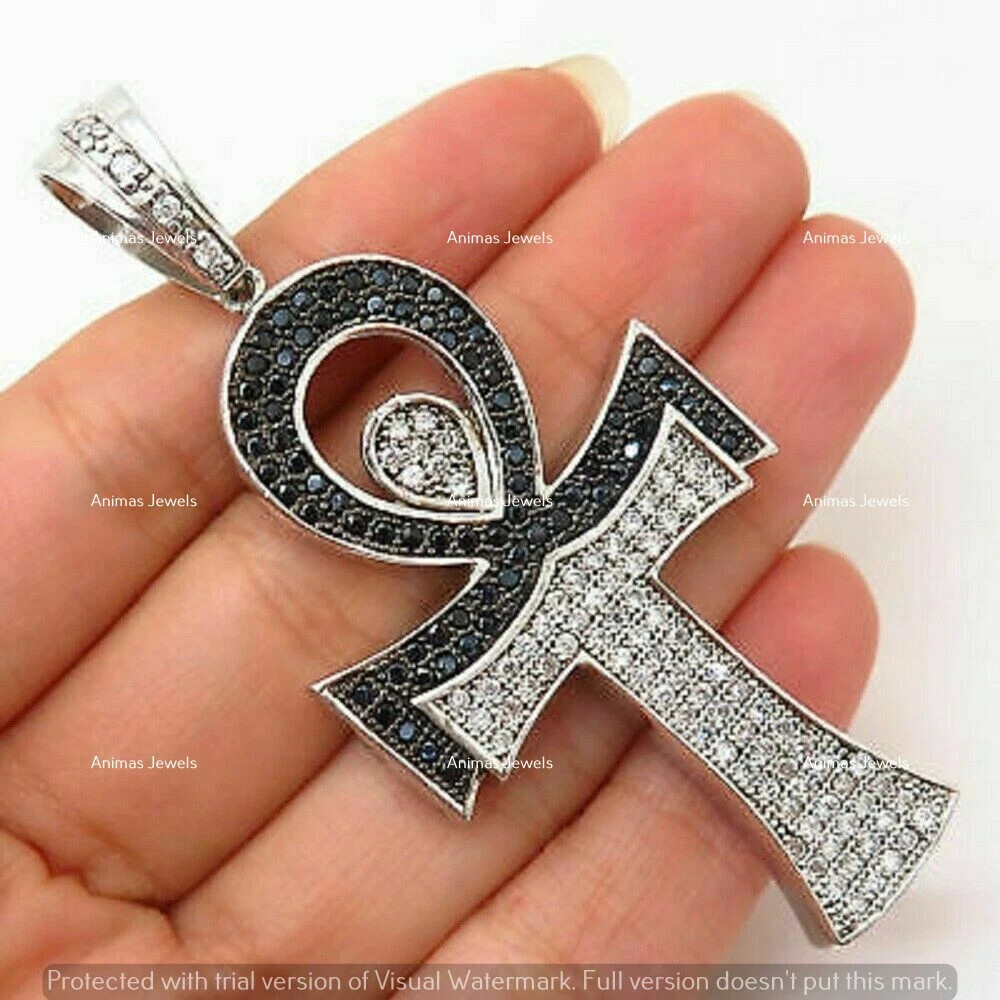 2 CT Real Black White Moissanite Egyptian Ankh Cross Pendant 925 Sterling Silver