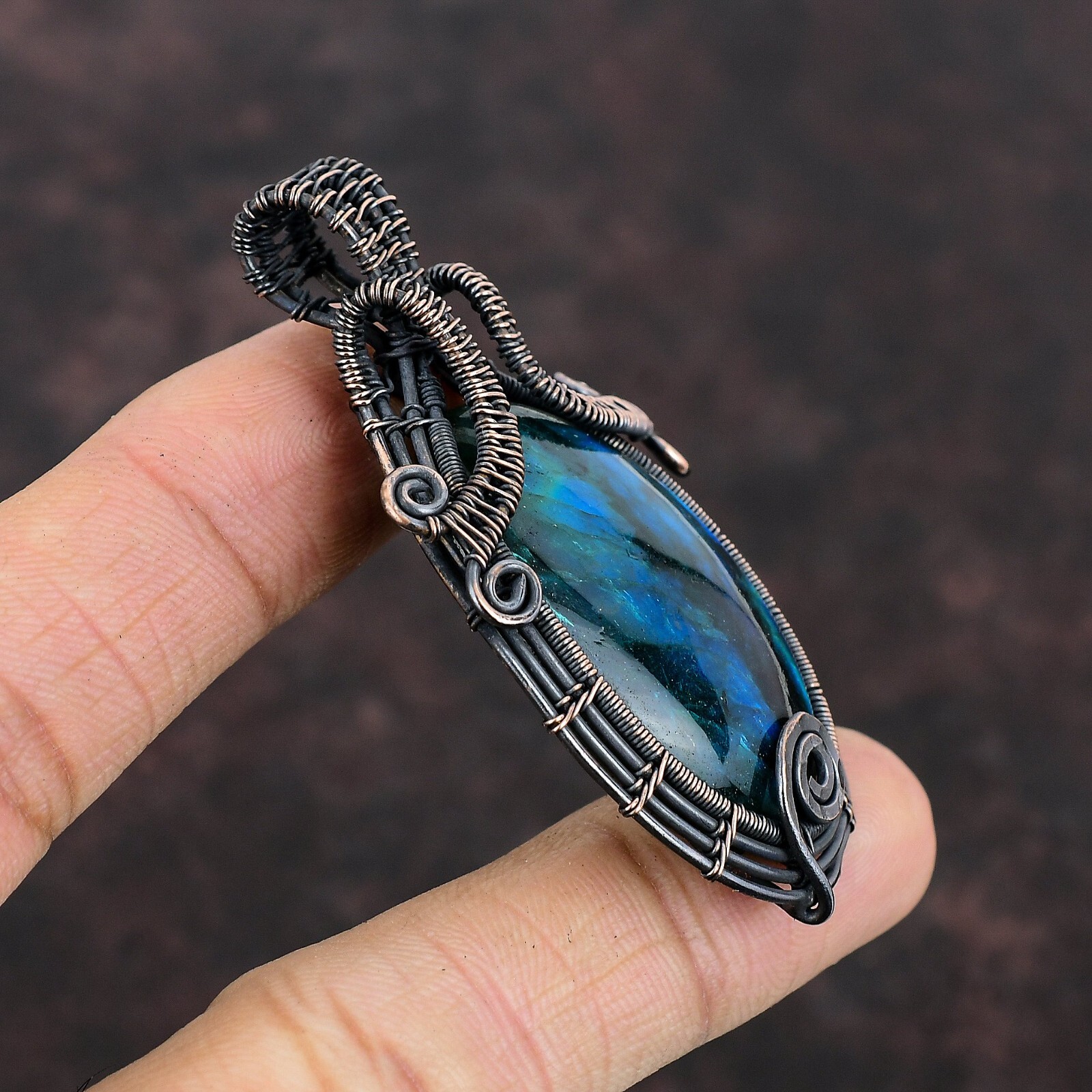 Gift For Her Neon Flash Labradorite Wire Wrapped Pendant Copper Jewelry 2.56″