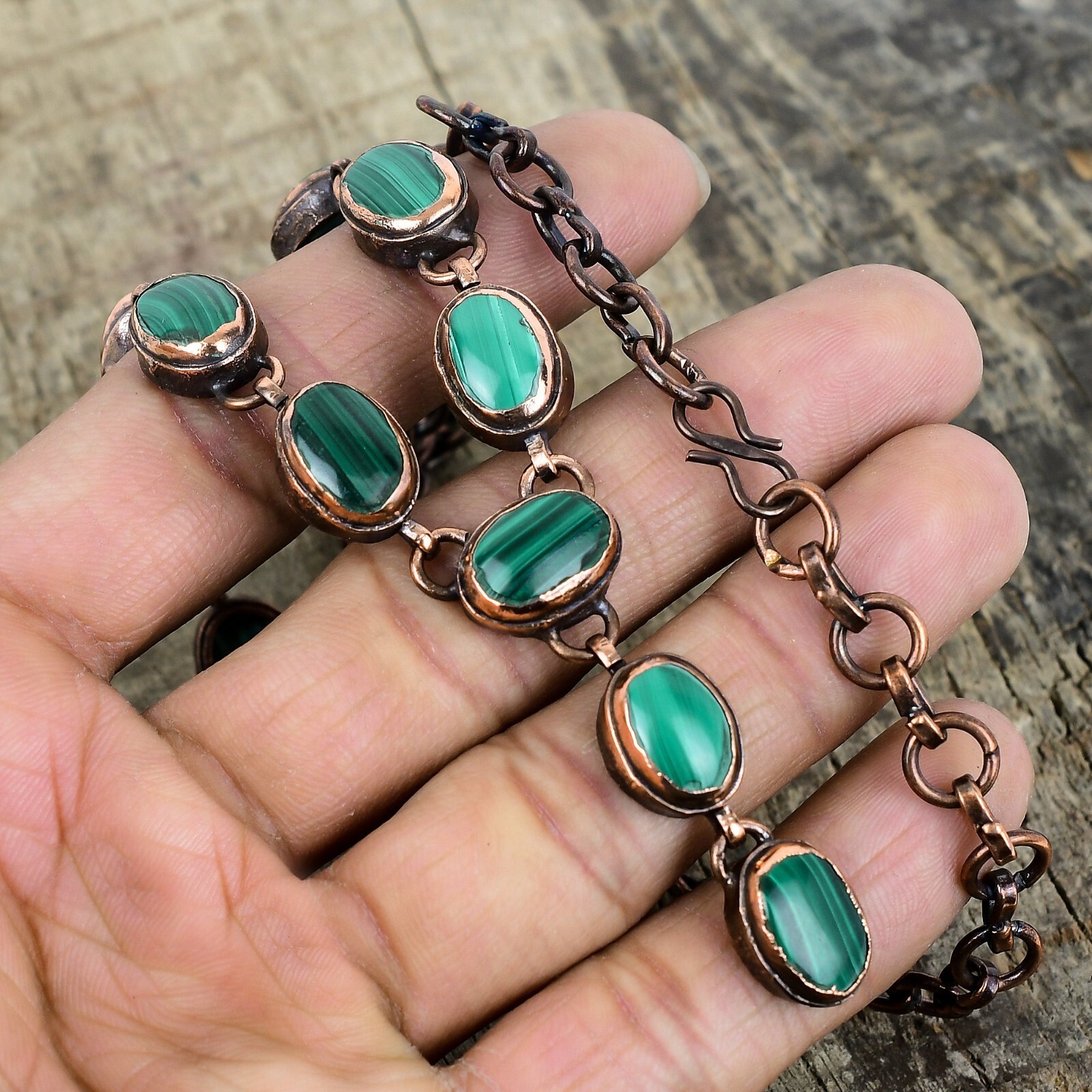 Valentines Sale Copper Malachite Gemstone Chain Electroformed Necklace Jewelry