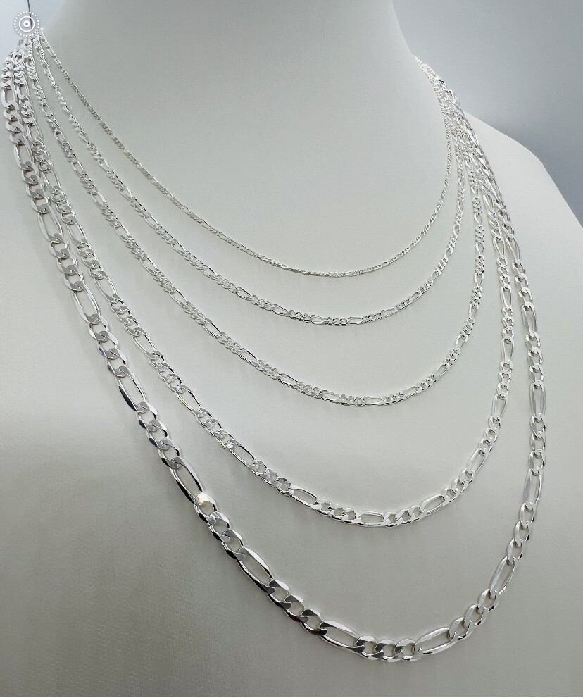 .925 Sterling Silver Figaro Link Chains Men’s/Women’s 1mm – 4mm Length 16″ -30″