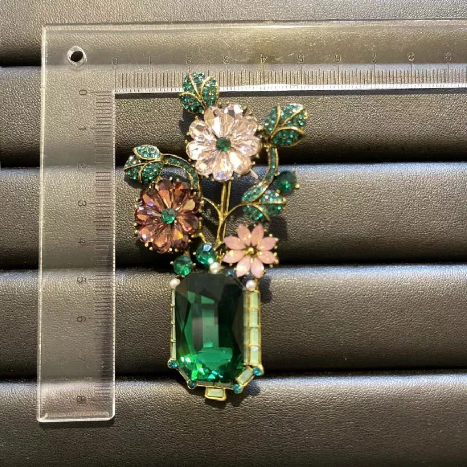 Large Vintage Crystal Rhinestone Flowers in A Green Vase Brooches Pins for Women