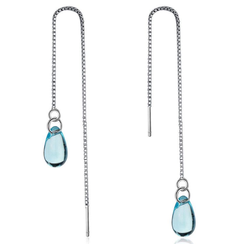Women 925 Silver Plated Waterdrop Blue CZ Threader Dangle Drop Chain Earrings F2