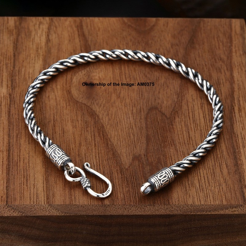Pure 925 Sterling Silver 4mm Round Rope Link Bracelet Vintage Style 7.9inch