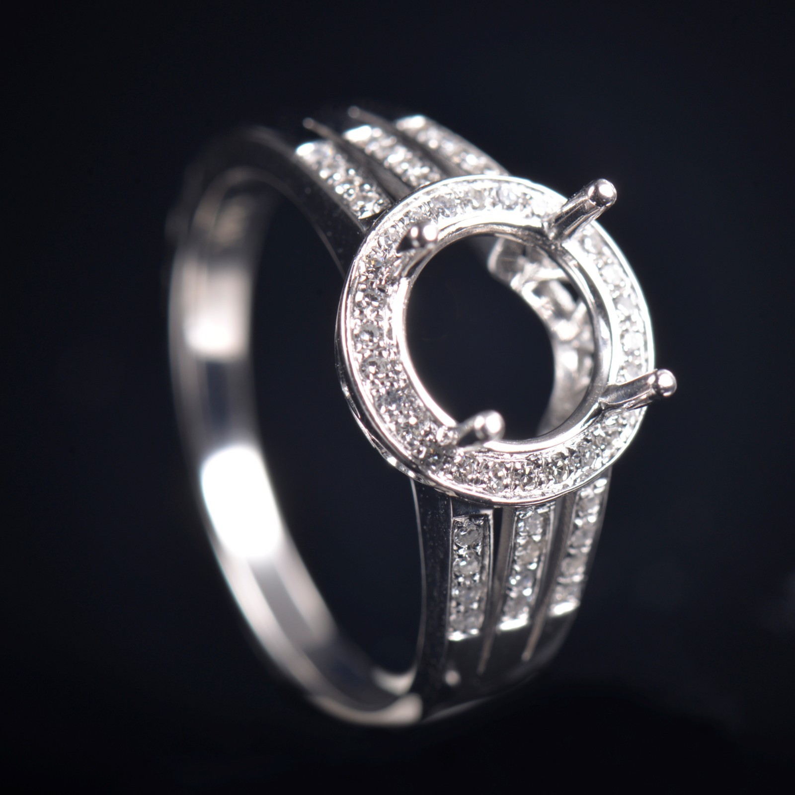 Custom Lab Diamond Round 7.6mm 4 Prong 3-Row Split Shank Semi Mount Ring 14K WG