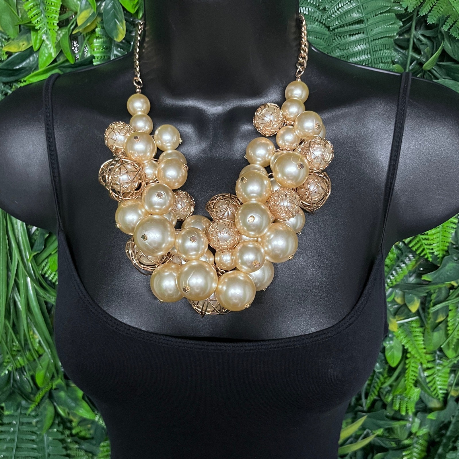Statement Bib Necklace Gold Tone Champagne Faux Pearl Cluster Wire Cage 3979