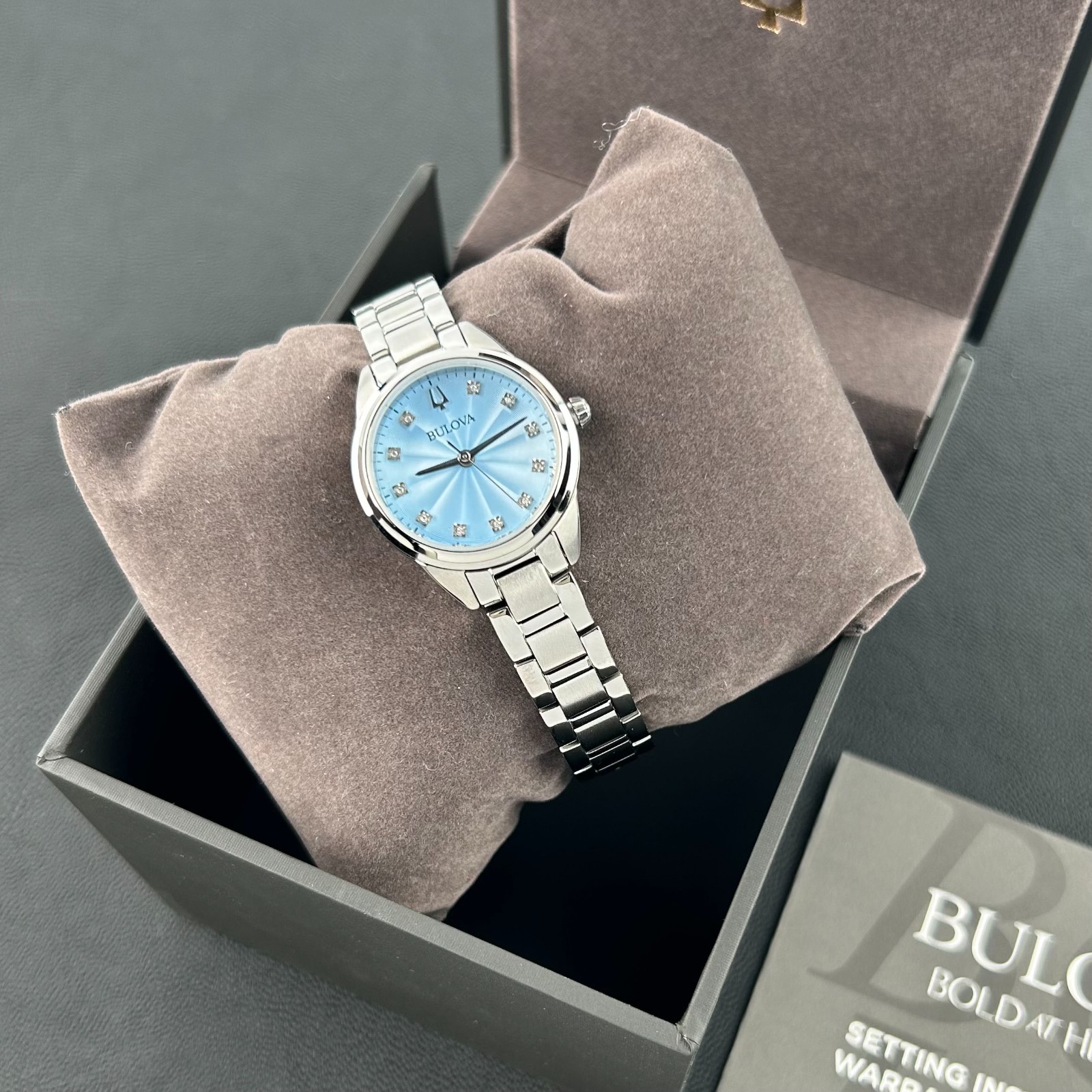 New w/box Bulova Sutton Diamond Blue Dial Women’s 28mm Quartz Watch 96P250