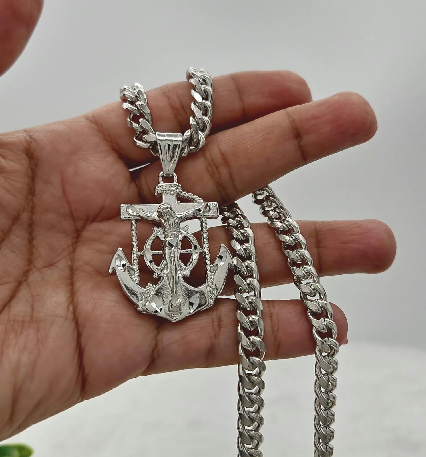 Silver Anchor Necklace 7mm Curb Chain Rhodium Plated For Men