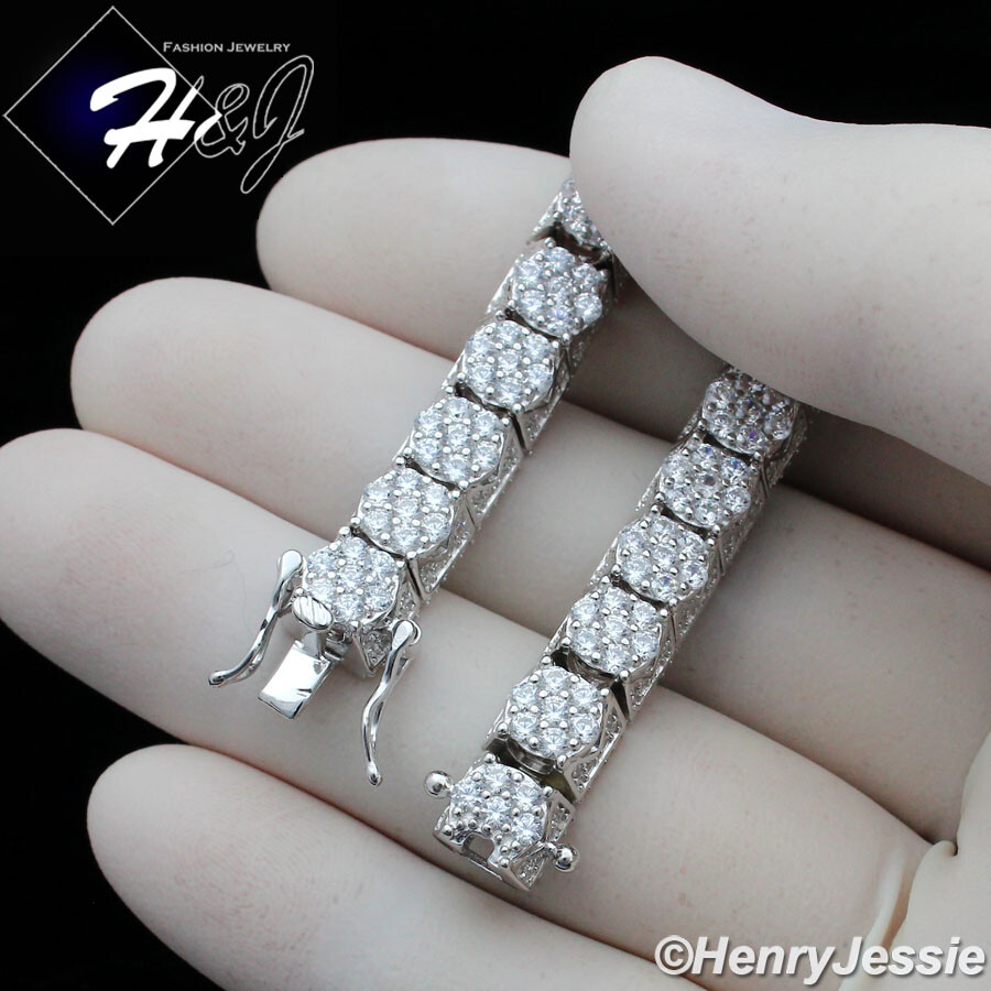 8.5″MEN SOLID 925 STERLING SILVER FULL ICY BLING CZ 8MM CHAIN LINK BRACELET*SB9