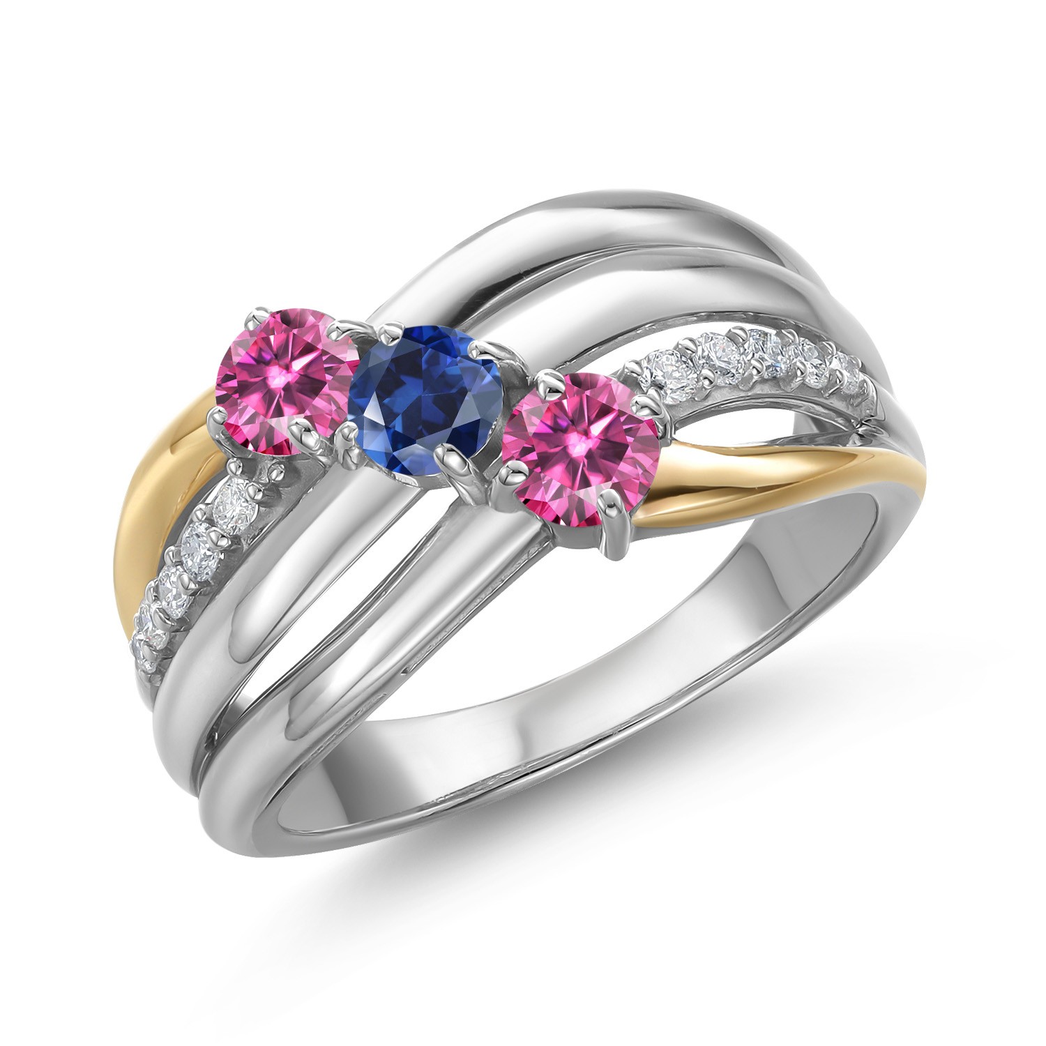925 Silver and 10K Yellow Gold Pink Moissanite and Created Sapphire and Lab