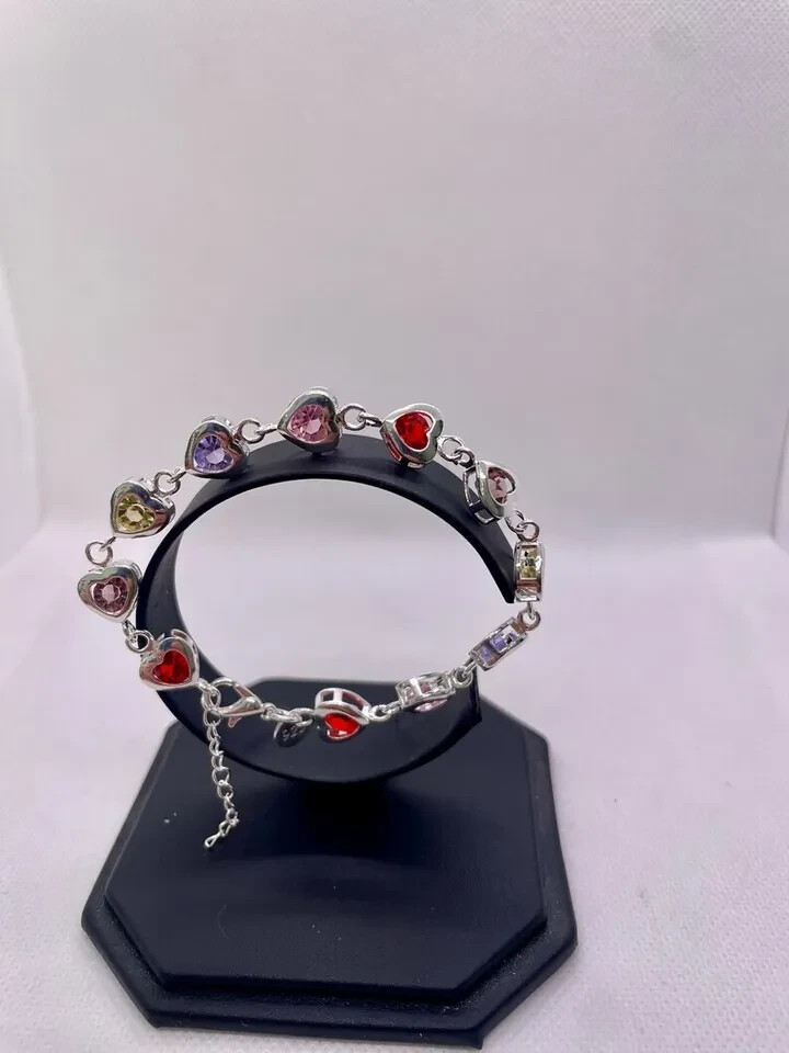 925 sterling silver multi – color stone heart bracelet 8” adjustable