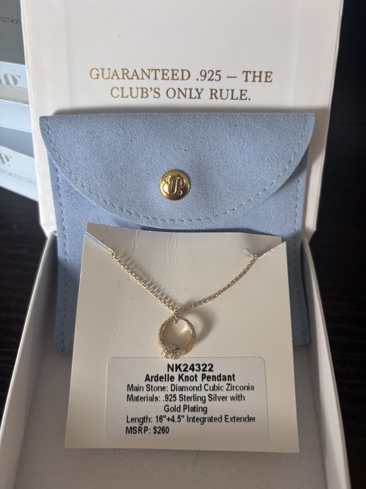Bomb Party Sterling Club Vermeil “Ardelle Knot Necklace @ Diamond CZ on Gold