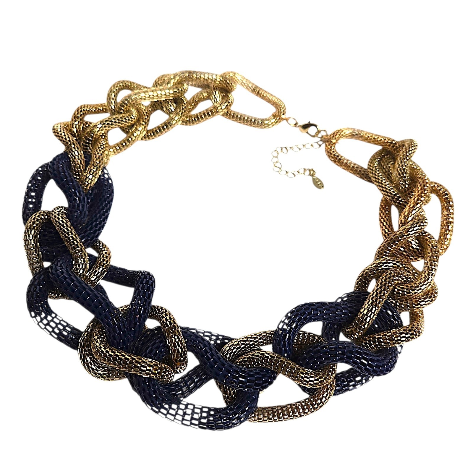 ALDO Blue Gold Metallic Mesh Chain Link Statement Necklace Chunky Collar 22.5″
