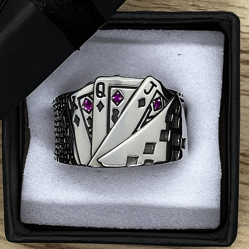 Mens 925 Silver Ring Royal Flush Playing Card Poker Sterling Adjustable Resizeab