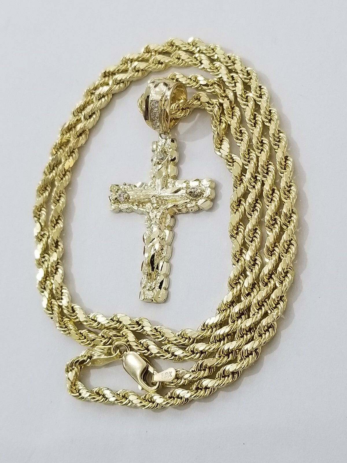 Real Solid 10k Gold Rope Chain Cross Charm 4mm Necklace & Pendant Set 16″-28″