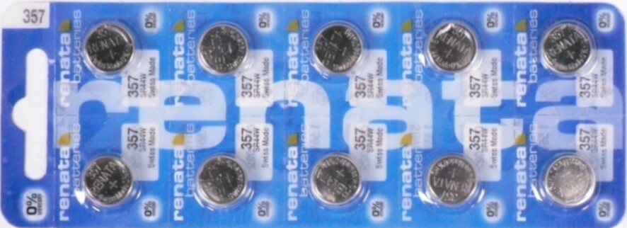 Renata 357 Watch Cell Batteries SR44W,SWISS MADE, 0% MERCURY (Pack 10)