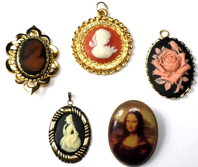 5 Different Colorful Glass, Acrylic &Resin Women Roses Cameos Large Pendants