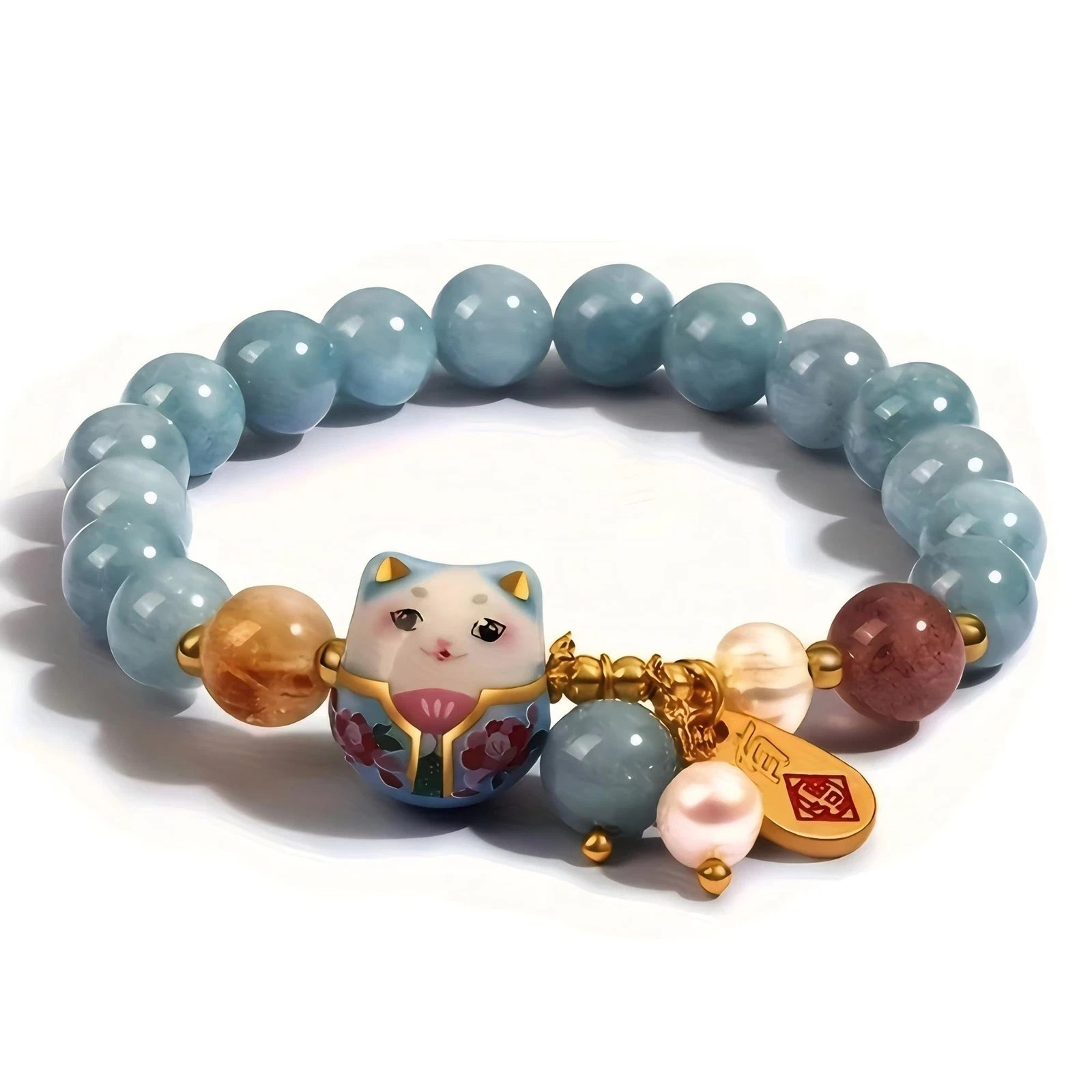 Lucky Cat Bracelet with Blue Crystal, Ceramic Cat Pendant, Feng Shui Good Luck J