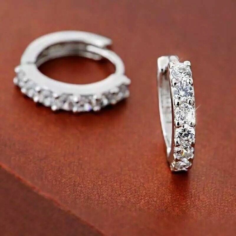 Silver Plated CZ Cubic Huggie Hoop Small Earrings E21 Lab-Created A 54