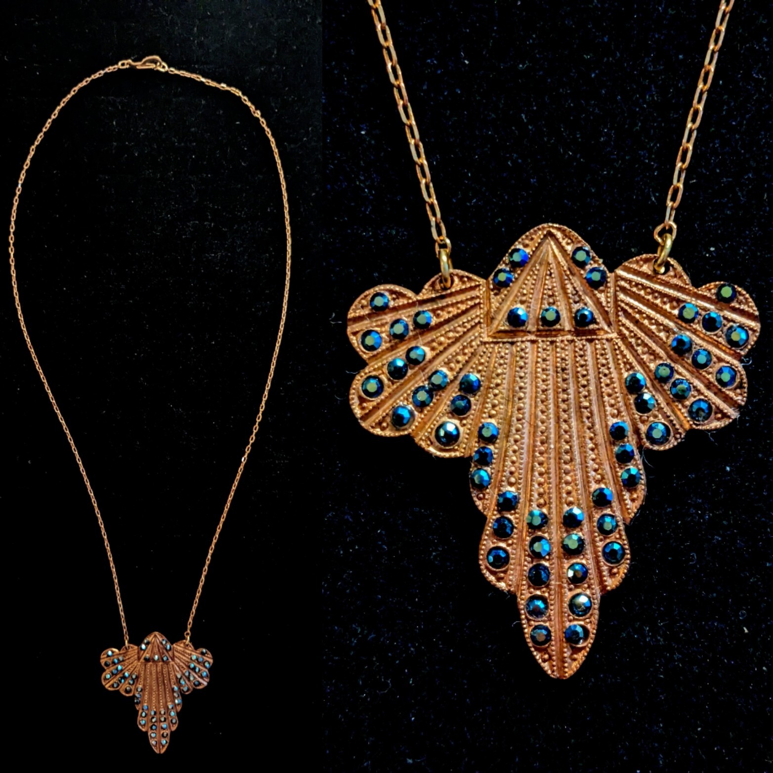 Vintage Classic Art Deco Sparkly Die Struck Brass Pendant Necklace