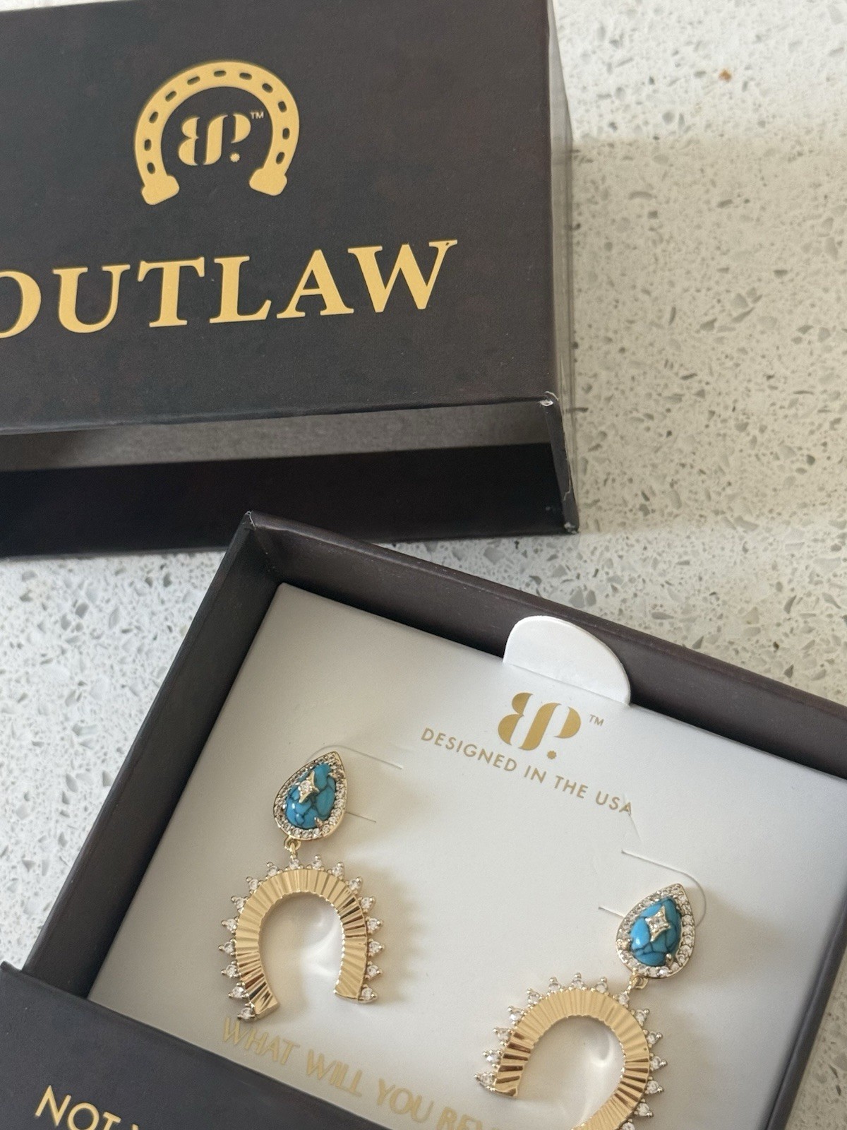 Outlaw Western Horseshoe Dangle Earrings Turquoise Teardrop Crystal Hook