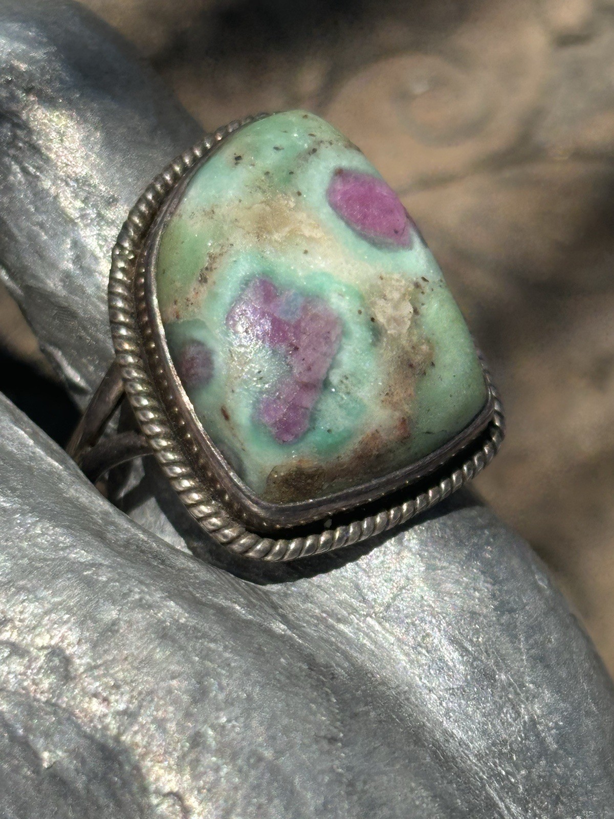 Handmade sterling silver Ruby in fuschite gemstone bezel set ring size 8.5
