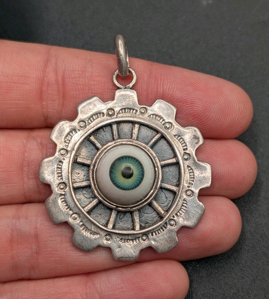 Sterling Silver 925 Evil Eye Good Luck Protection Stamped Steampunk Gear Pendant