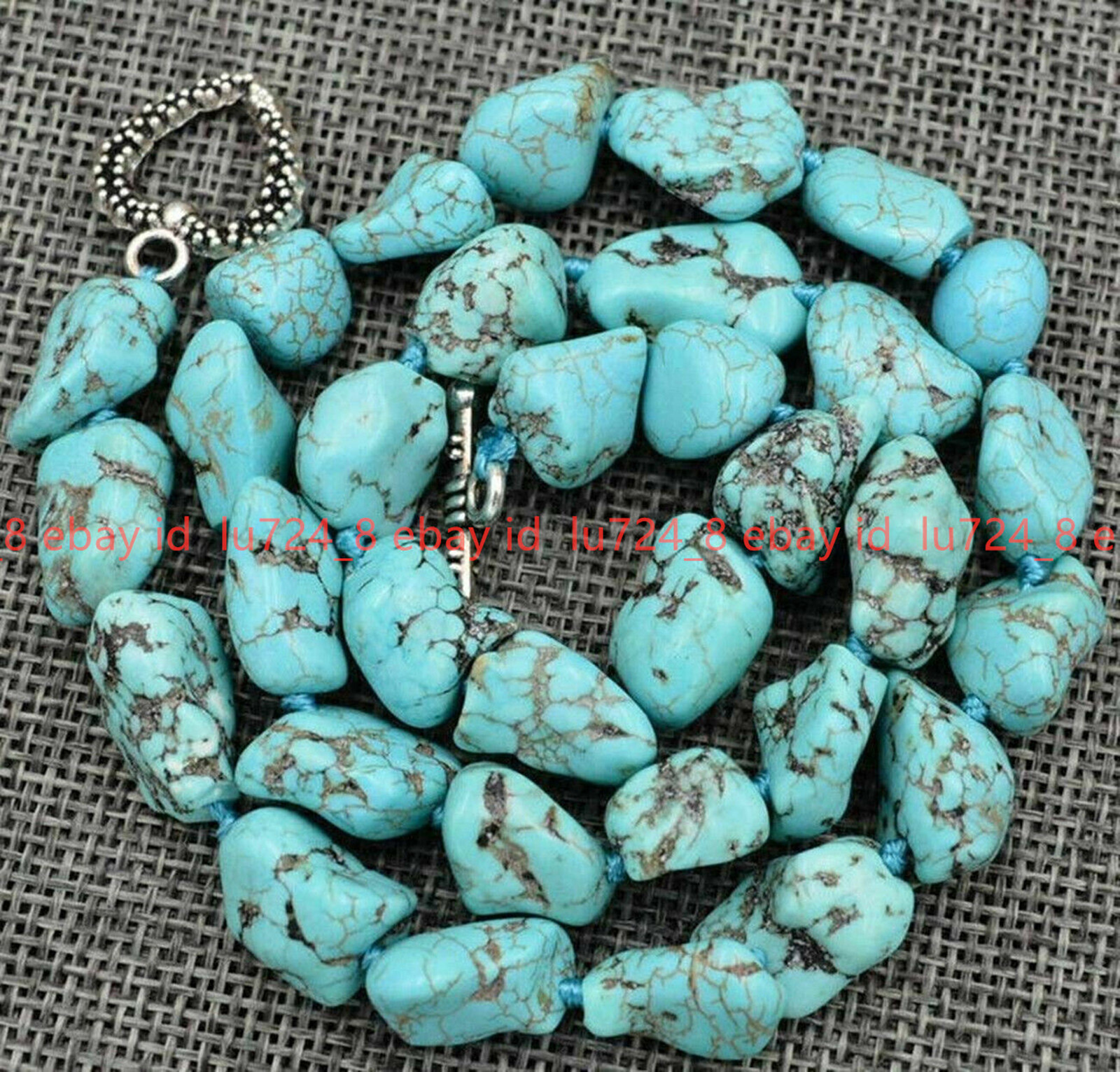 Natural 10-12mm Blue Turquoise Gemstone Chunk Beads Necklace Tibetan Silver 18″