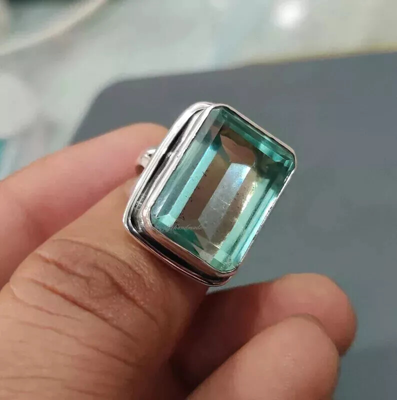 Handmade Aquamarine Gemstone 925 Sterling Silver Statement Ring All Size R30
