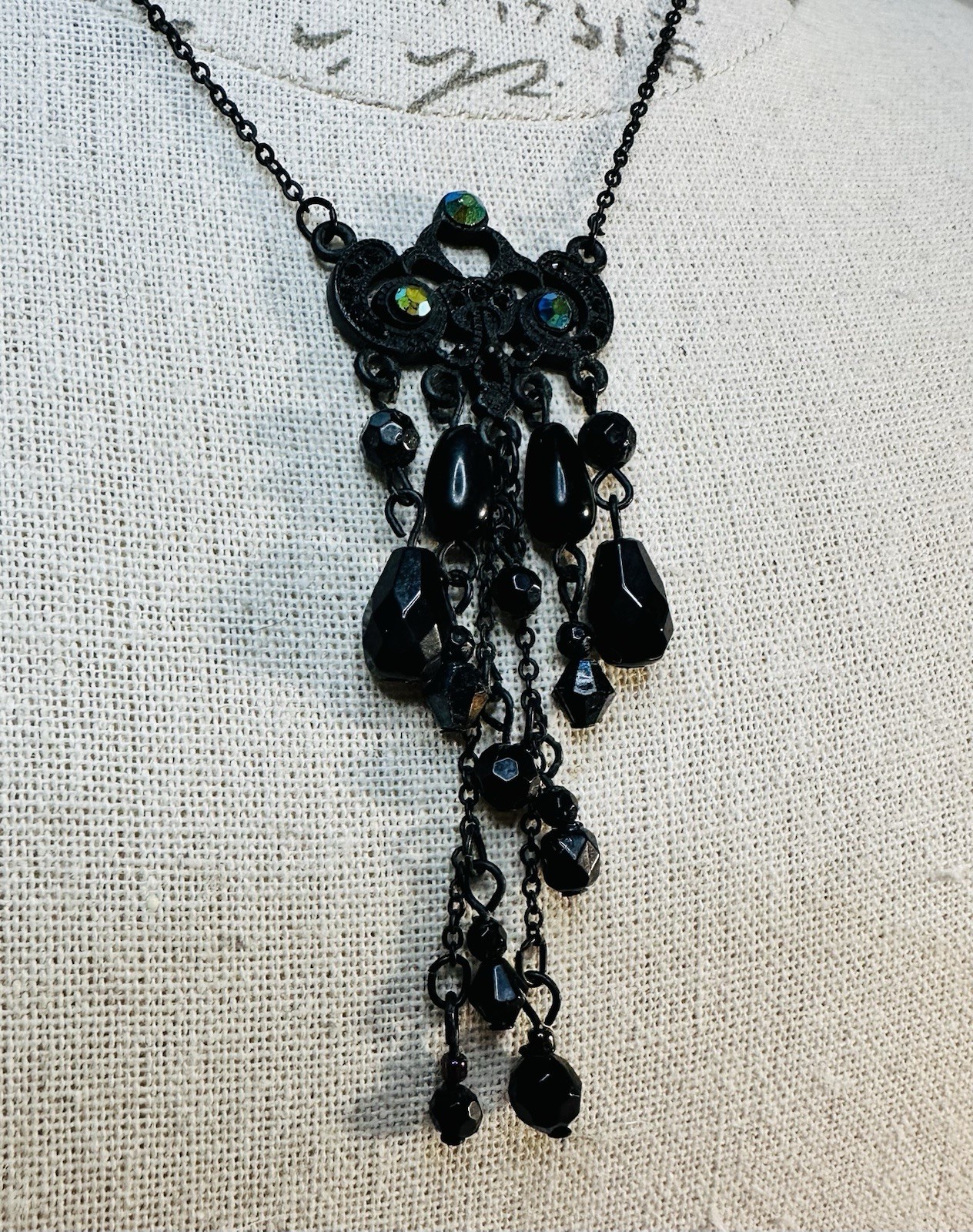 Black Dangle Fringe Necklace with Aurora Accent Crystals and Black Beads