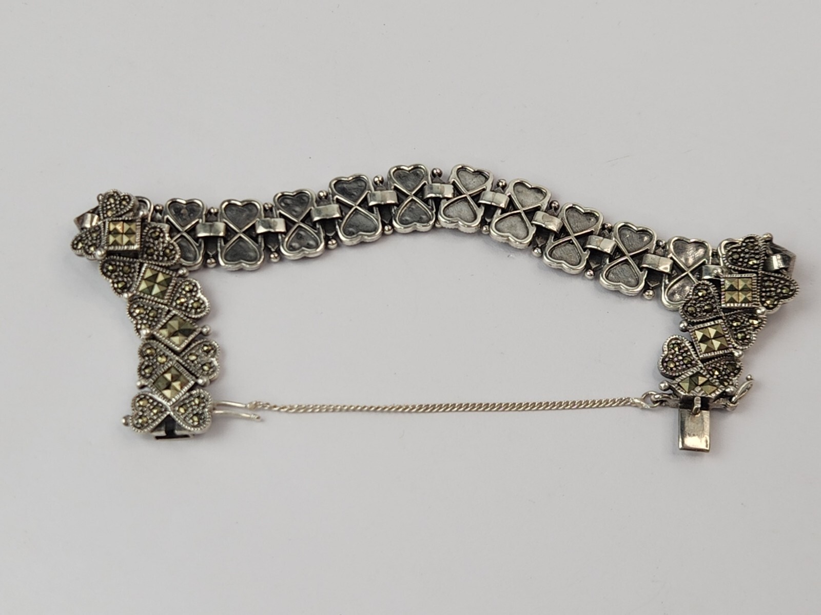 Thai Sterling Silver 925 Marcasite Heart Bracelet 7.5 In – THAI KC 925 – HSNO