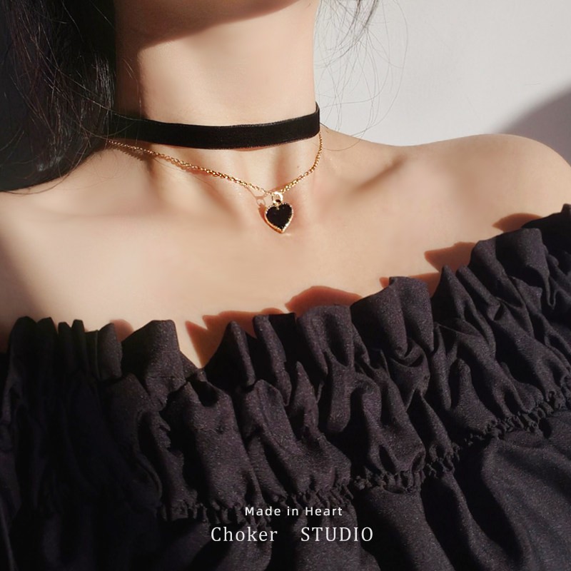 Black Velvet Choker Necklace with Gold Black Heart Pendant
