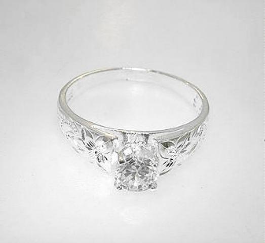 SOLID 925 SILVER ENGRAVED HAWAIIAN HERITAGE SCROLLS 0.75CTS CZ FRENCH MOUNT RING