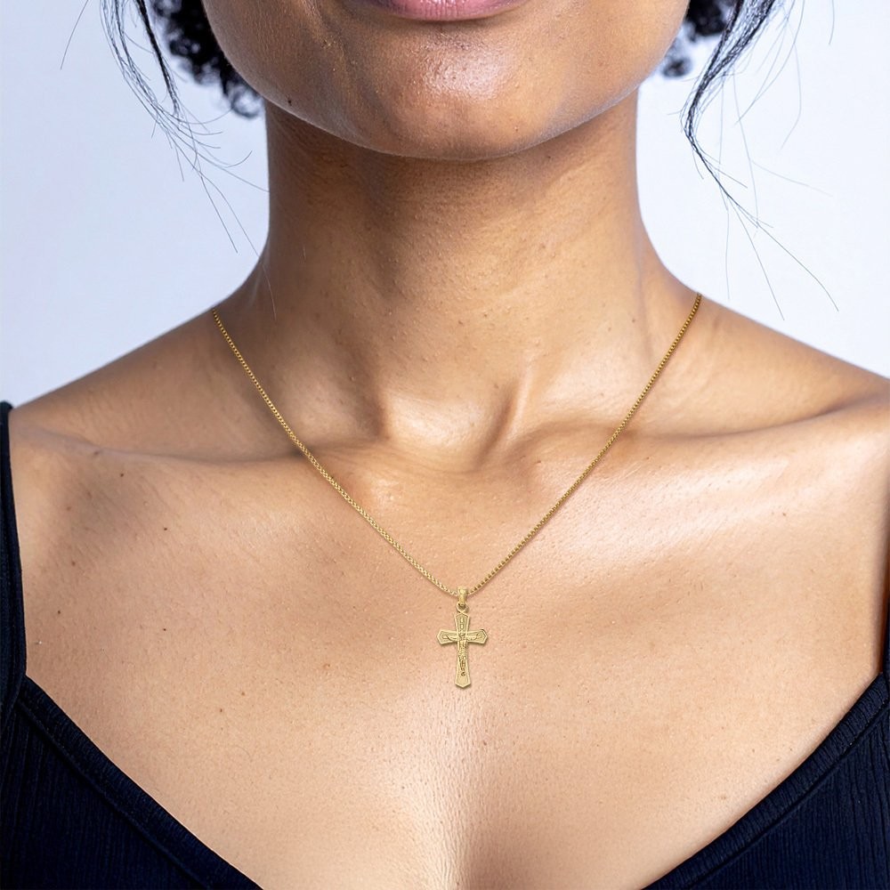 10K Solid Yellow Gold Medium Jesus Crucifix Cross Pendant Necklace 23.9mm