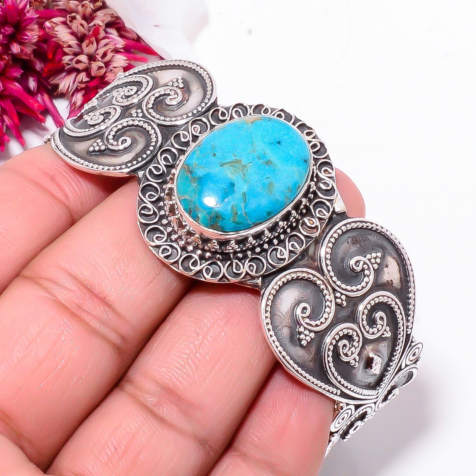 Chrysocolla – Peru 925 Sterling Silver Bali Cuff|C968358551