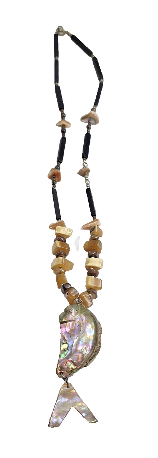 Handcrafted Beaded Necklace w/ Abalone Shell Freeform Pendant, Lobster Clasp