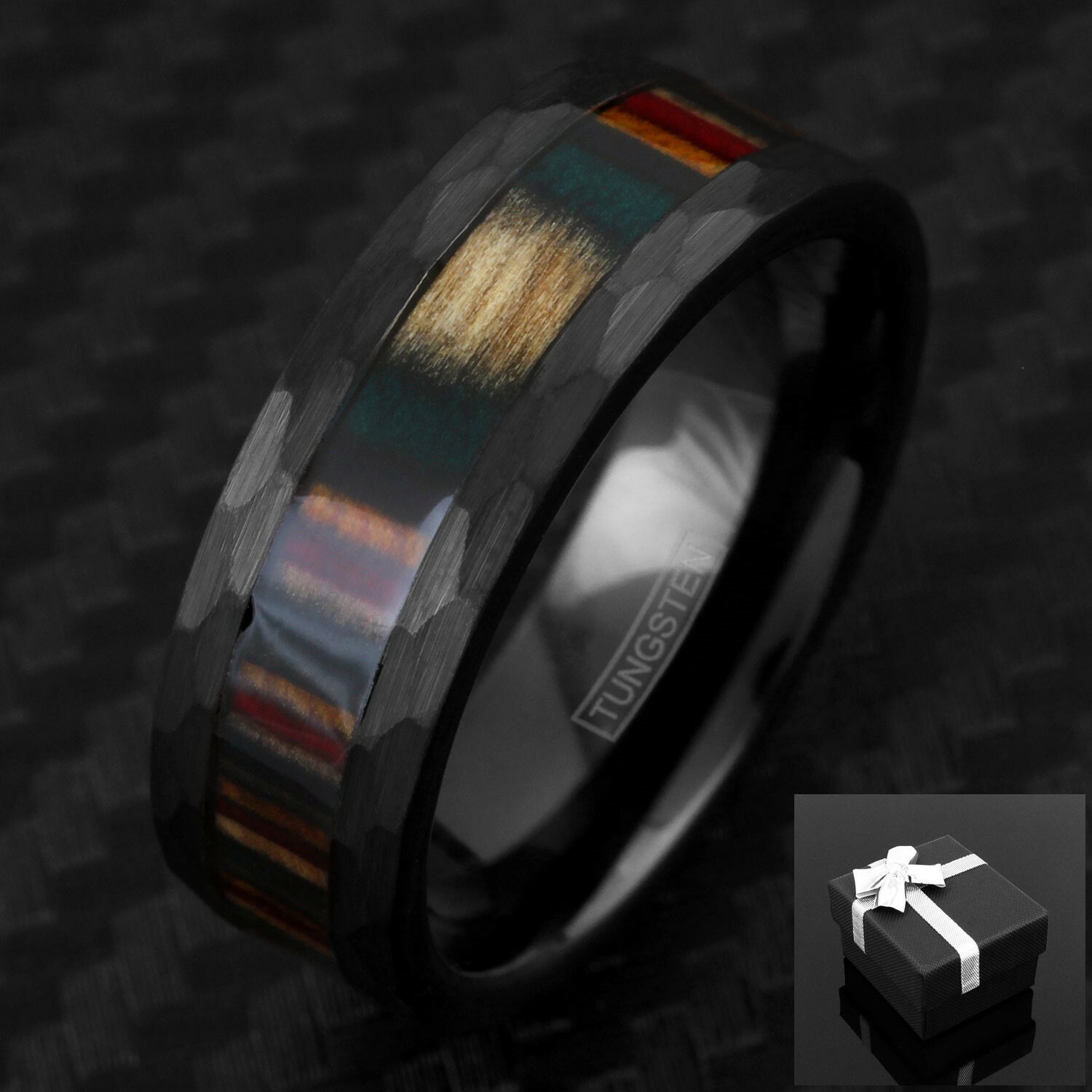 8mm Black Tungsten Layered Rainbow Hardwood Men’s Wedding Band Ring