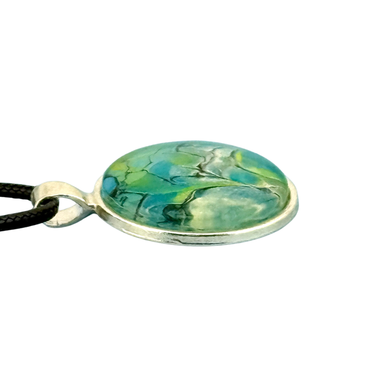 Pendant Necklace Handmade “Burbling Stream” Silver Bezel 25mm Black Cord