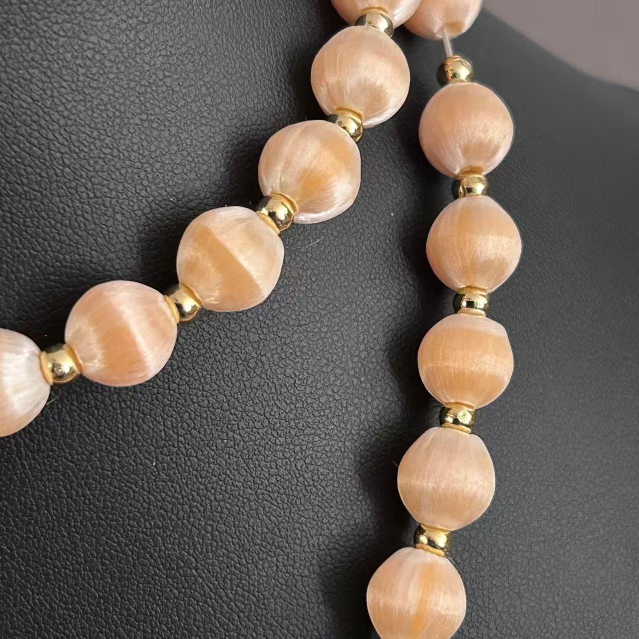 Vintage Peach Pink Silk Satin Thread Wrapped Bead Single Strand Necklace 30″