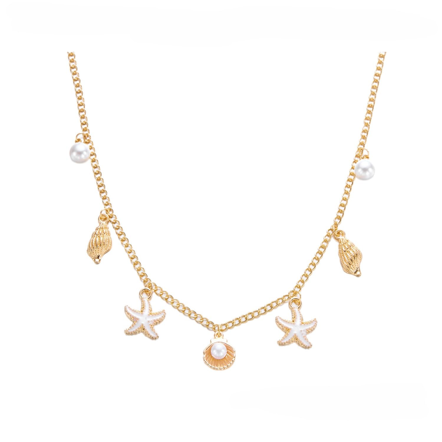 Beach Charm Necklace for Women Trendy Starfish Seashell Charm Gold Chain Neck…