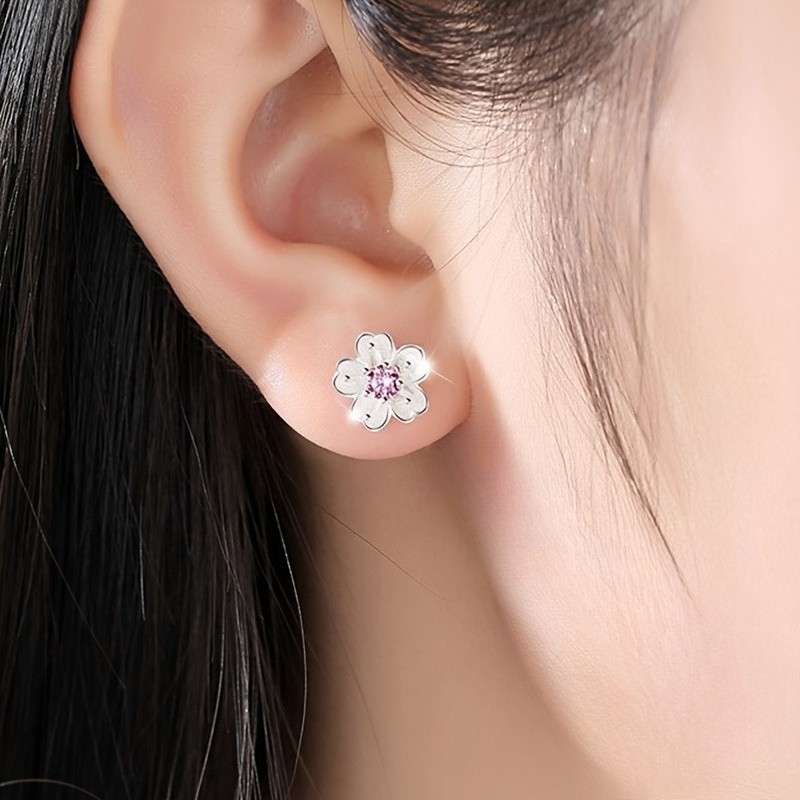 Women’s Elegant Pink Rhinestone Ear Studs Cherry Blossom SMALL Earrings Copper