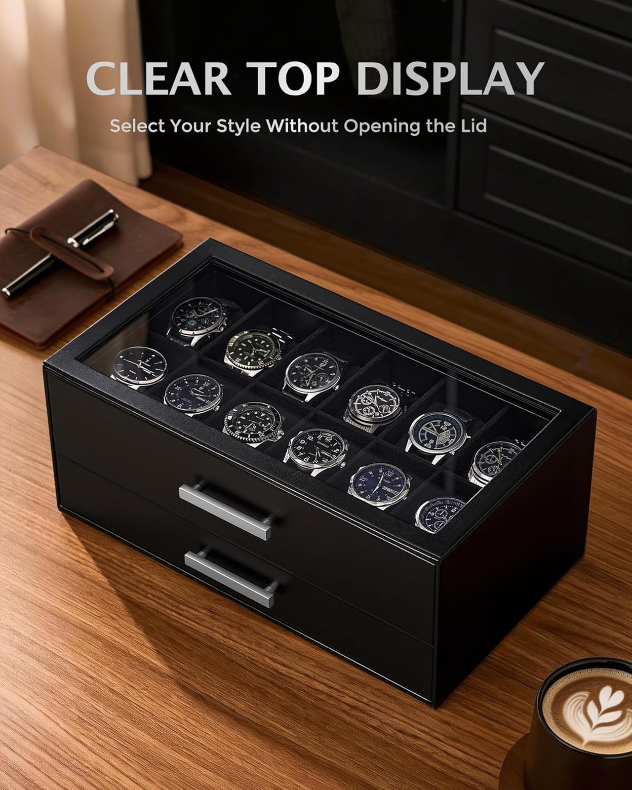 Watch Organizer Box with Pull-Out Drawers for Men Black Glass Top Jewelry