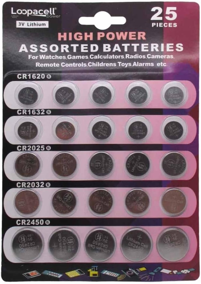 Loopacell High Power Button Cell 3V Lithium Assorted Battery 25 Piece Set