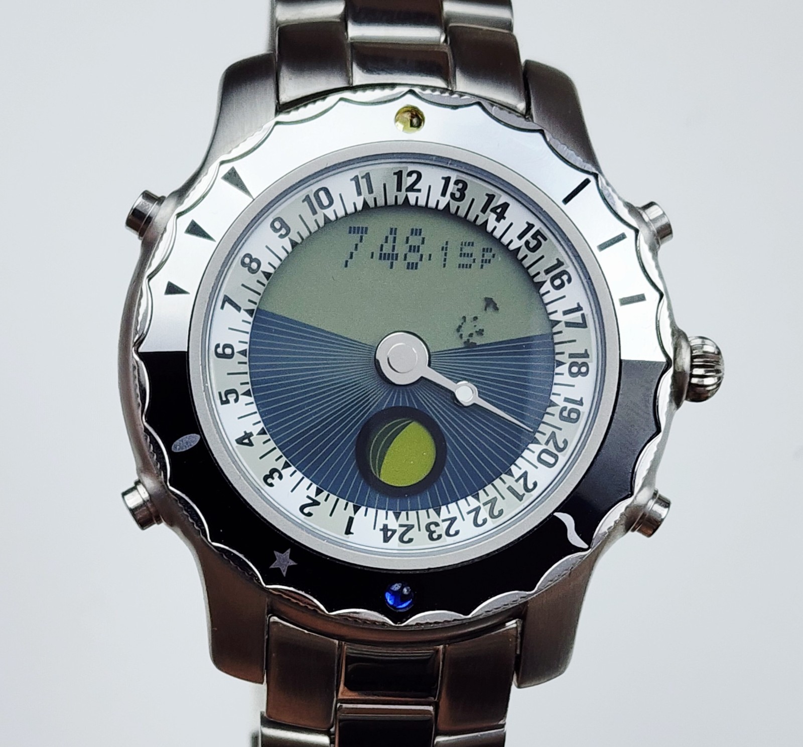 Men MOONPHASE ANALOG-DIGITAL Watch YES “Solstice”. Sunset/Sunrise. Alarm. In BOX