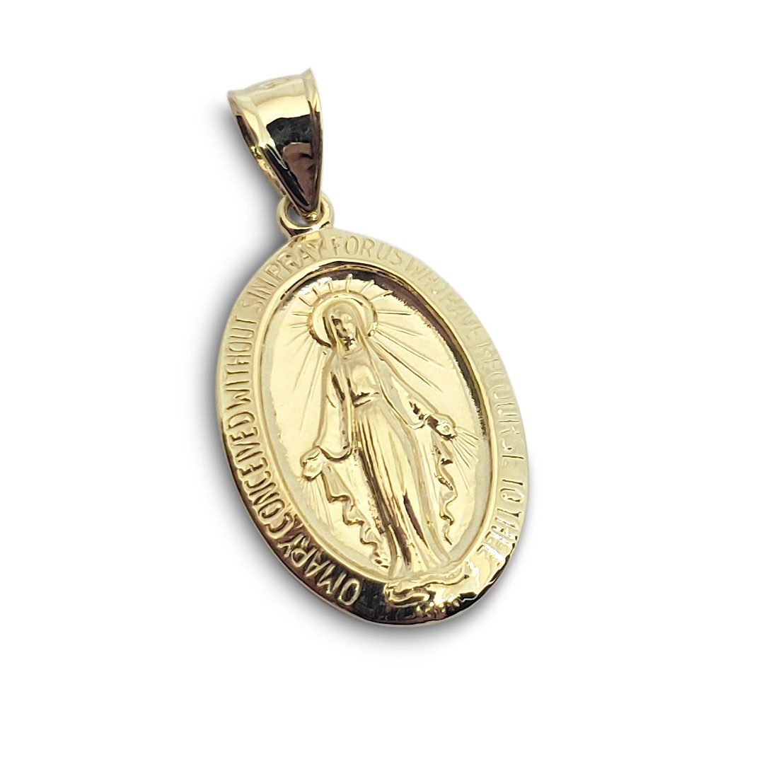 Solid 14K Yellow Gold Miraculous Medal Virgin Mary Pendant, 3/4″, Catholic