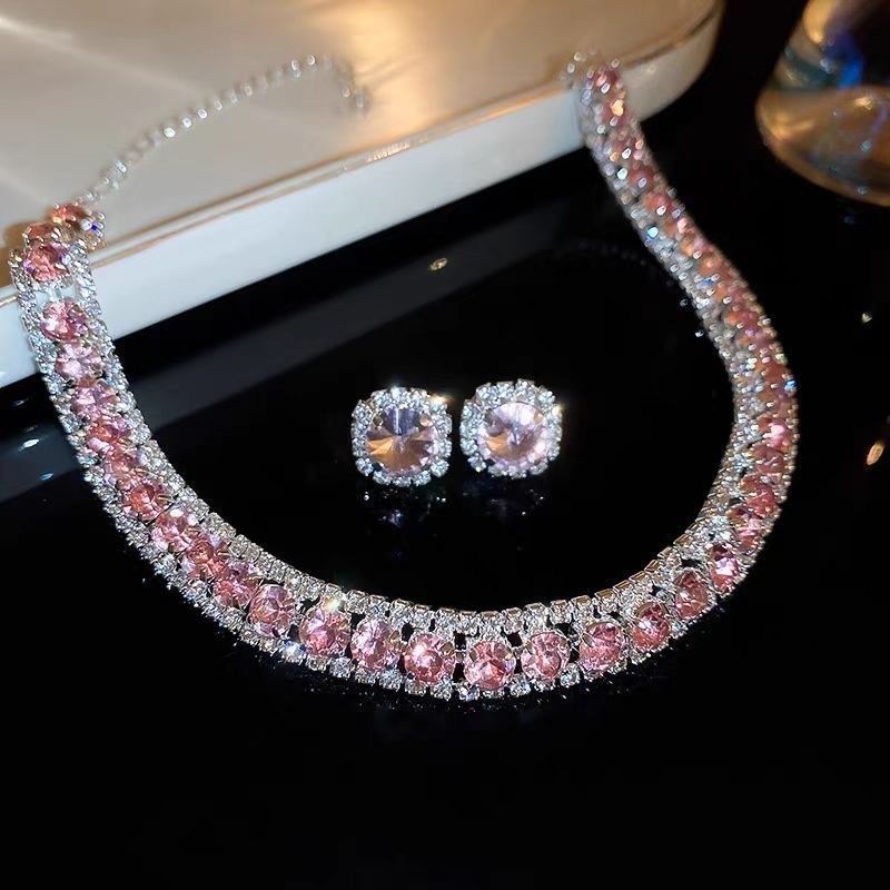 Silver Plated Alloy Jewelry Set Cubic Zirconia Simulated Gem Necklace Earrings