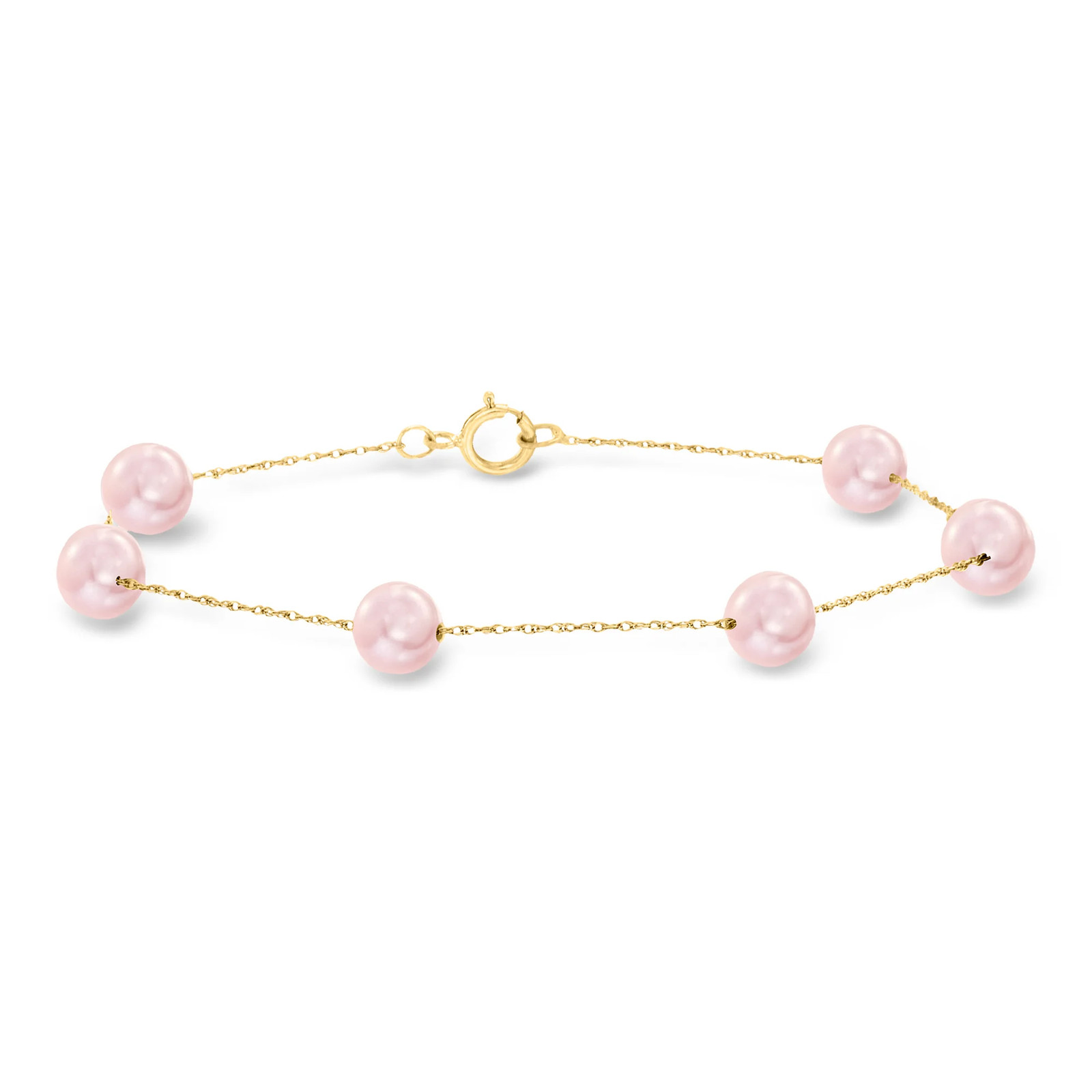 6-6.5mm Pink Cultured Pearl Station Bracelet in 14kt Yellow Gold. 7 inches