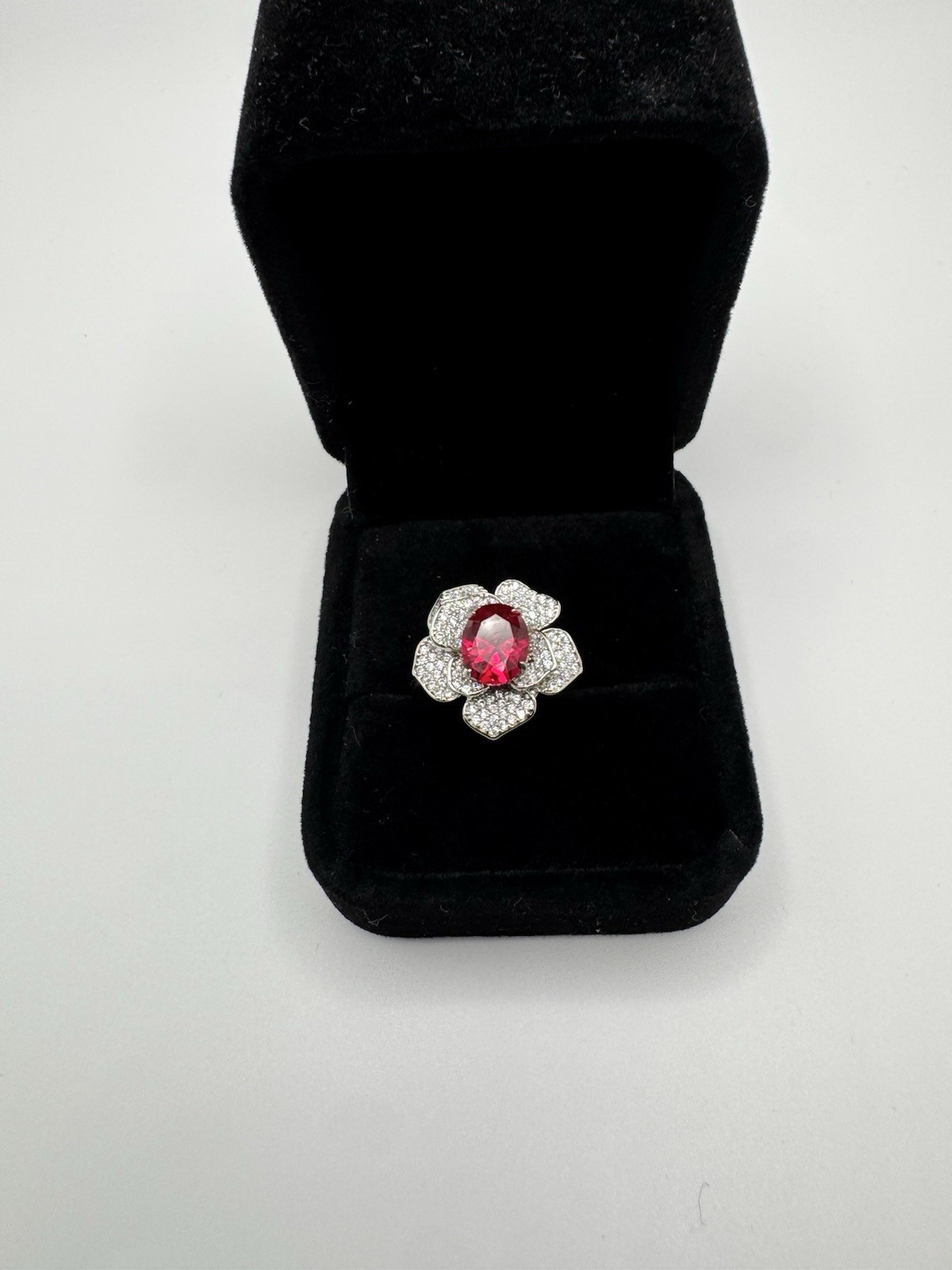 Platinum Plated Adjustable 2 ct Moissanite Pink Flower Ring Vintage Inspired