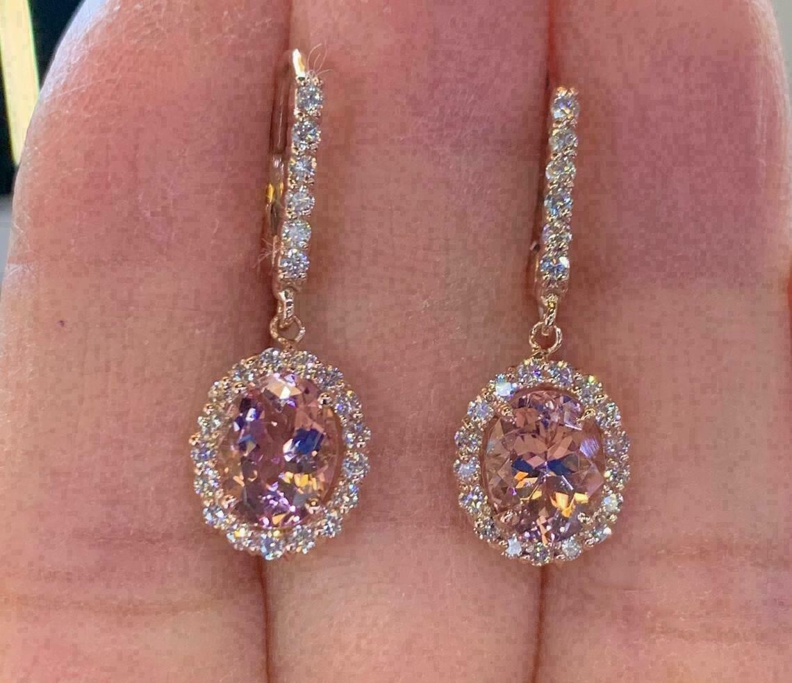 4Ct Oval Cut Morganite Diamond Halo Drop & Dangle Earrings 14K Rose Gold Finish